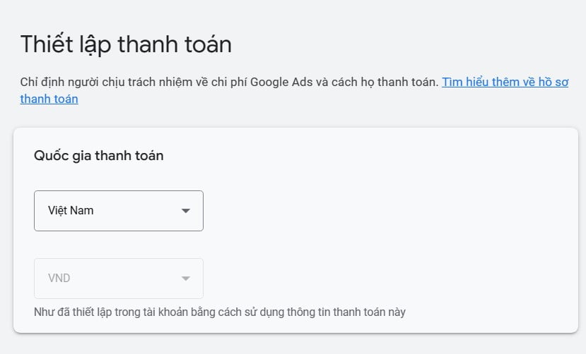 Chọn quốc gia thanh toán google ads