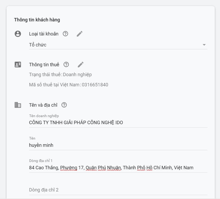 Điền đầy đủ thông tin phần thông tin thanh toán google ads