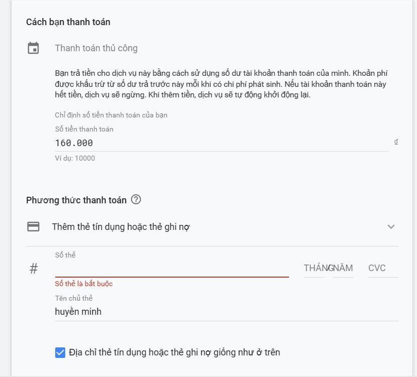 Thêm thẻ tín dụng vào tài khoản google ads