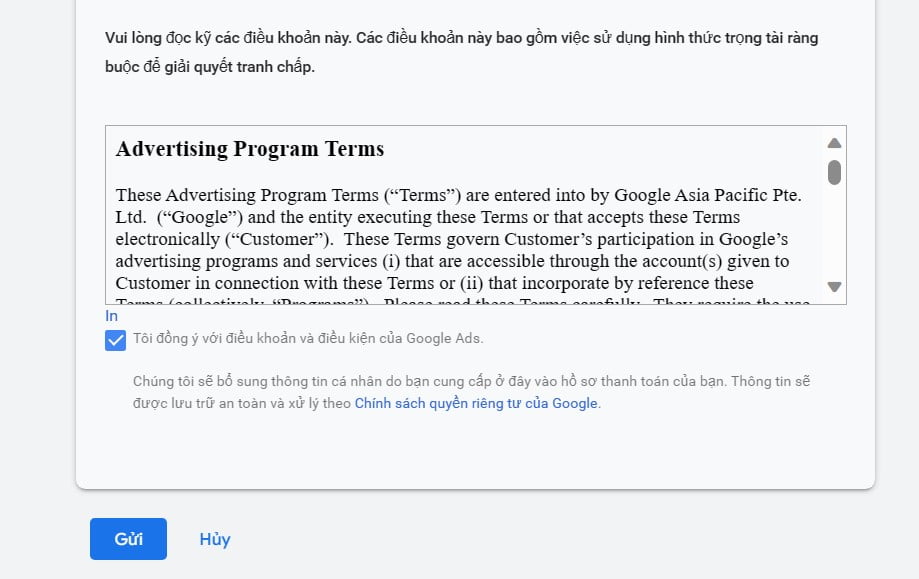 gửi đăng ký thanh toán google ads