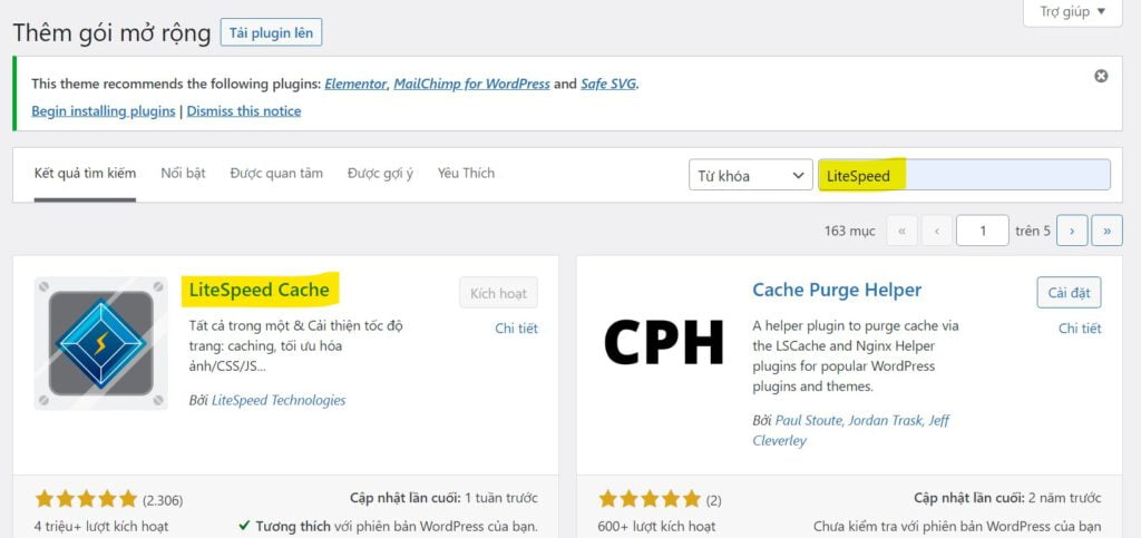 Tìm kiếm và cài đặt Plugin LiteSpeed Cache