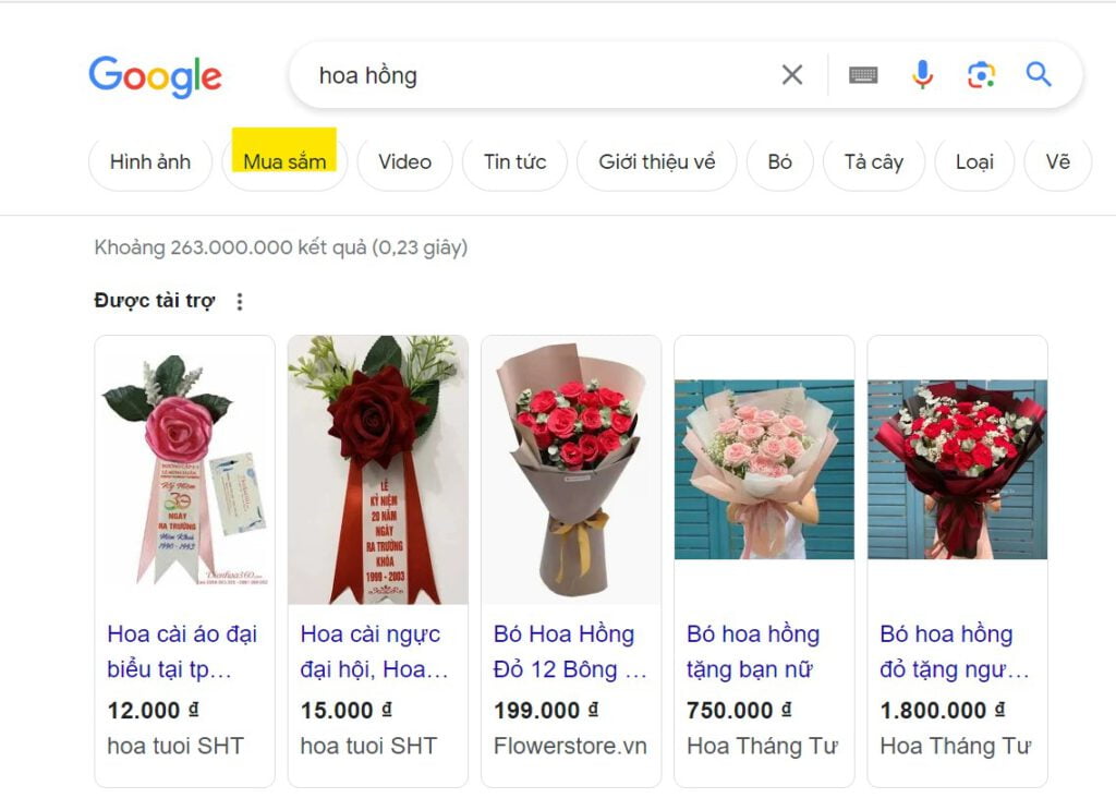 google shopping trên thanh công cụ tìm kiếm